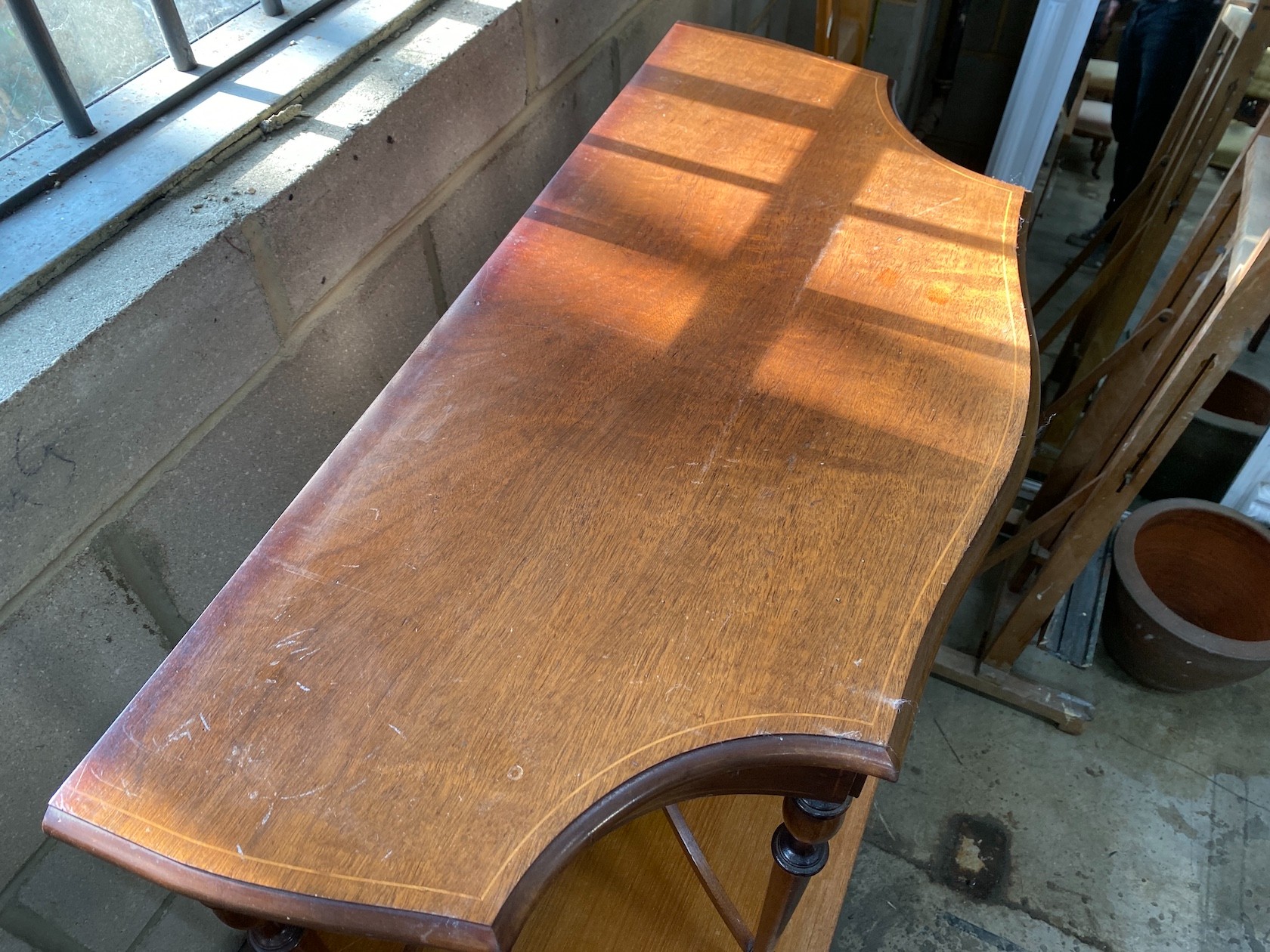 A reproduction mahogany side table and a George III style banded mahogany console table, larger width 96cm, depth 46cm, height 74cm